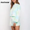 Aachoae Fashion Tie Dye 2 Piece Set Women Batwing Sleeve Loose Hooded Croped Tops Casual Drawstring Shorts Lady Sets Ropa Mujer 210413