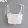 Zevity Women Spaghetti Strap Black White Color Chic Camis Tank Ladies Summer Back Elastic Pleated Short Sling Crop Tops LS9070 210616