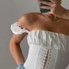 Off Épaule Fashion Lace Up Chemises Blouse Femmes Blanc Crop Tops Blouses Vêtements Vintage Tie Front Tops 210419