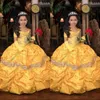 Yellow Retro Princess Cascading Ruffles Girls Pageant Dresses Crystal Beads Off Shoulder Short Sleeves Taffeta Flower Girl Dress Birthday Gowns 403