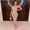 Cm.Yaya Mesh Se men Rhinestones Plunguling V-Neck Midi Bodycon Dress For Women Sexy Club Party Dresses Pencil Vestidos 211206