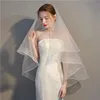 Véus nupcial véu de casamento curto-coberto duas camadas de fita simples borda de fita noiva cabelo marfim branco champanhe