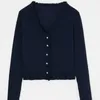 V-neck Ruffles Flare Sleeve Women Cardgian Chic Exquisite Pearl Buttons Design Slim Tops Spring Vintage Knitted Sweaters 210519