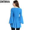 Clearance Mulheres Moda Moda Blusa Flare Sleeve Silk Sour Verão Peplum Tops Azul Color Ruffles Plissado Camisa Plus Size 210527