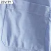 Zevity Women Fashion Pocket Patch Business Smock Bluzka Femme Split Długi Rękaw Breasted Short Shirt Roupas Chic Topy LS9109 210603