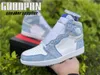 2021 Authentique 1 Haute OG Hyper Royal Trophy Room 1S Chaussures Gris Fumé Blanc Homme Femme Sports De Plein Air Baskets Avec Boîte