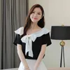 Summer Short Sleeve Women Shirts Office Lady Solid Chiffon Blouse and Tops V Neck Lace Up Female Clothing 14202 210508