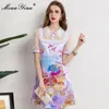 Модный дизайнер лето фиолетовое цветочное короткое платье женские поворотные воротника сетки рукав принт винтаж Mini 210524