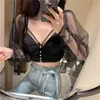 ソリッドメッシュセクシーな透明な女性トップスVネックショートスプリングインブラウスプリーツパフスリーブBlusas Mujer 14873 210415