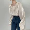 봄 가을 블라우스 여성의 프랑스 둥근 목 Pleated 실크 광택 솔리드 컬러 퍼프 슬리브 셔츠 여성 탑스 UK997 210506