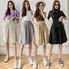 Women Summer Loose Knee Length Wide-Leg Pants Casual Elastic High Waist Button Safari Style Ruffle Pants Q0801