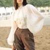 Verão mulheres chiffon camisa manga longa plissado arco transparente blusa feminina sexy tops 210415