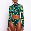 Sexy Langarm-Frauen-Badeanzug-Reißverschluss Afrikanische Badebekleidung Rückenfreier Badeanzug Hohe Taille Bikini-Set Brasilianische Beachwear 210520