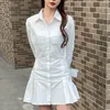 Lato Biała Koszula Sukienka Kobiety Koreański Dorywczo Rękaw Rękaw Mini Żeński Vintage Elegancki Single Breasted Robe Femme 210514