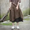 Johnature Autumn Women Plaid Linen Asymmetrical Skirt Leisure All-match Loose Comfortable Plus Size 2 Colors Skirt 210521