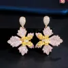 Pretty Dangle Drop Butterfly Flower 3 Tone Rose Gold Cubic Zirconia Women Earrings Elegant Costume Jewelry CZ716 210714
