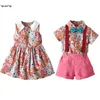 Модные комплекты детской одежды для малышей, рубашка с галстуком-бабочкой и короткими рукавами, шорты на подтяжках, платье принцессы, одинаковые наряды для брата и сестры 211040884