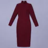 Ladies Fall High Quality Burgundy Neck Long Sleeve Zipper Hip Tight Fashion Sexy Party Bandage Dress 210525