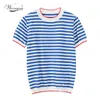 Warmsway Thin Knitted T Shirt Women Clothes 2021 Summer Woman Short Sleeve Tees Tops Striped Casual T-Shirt Female B-019 Y0508