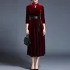Elegant Velvet Midi Dress for Women Autumn and Winter Casual Boho Long Sleeves Fuchsia Vintage Party es 210421