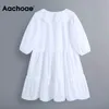 Summer Casual White V Neck Vintage Emboridery Lantern Sleeve Loose Pleated Mini Dress Vestido De Mujer 210413