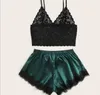 2021 Kvinnor Sommar Shorts Sats V-Neck Sleepwear Black Lace Satin Pajama Kvinnor Pyjamas Spaghetti Strap Lace Sexy Pajama