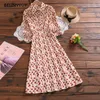 Mori Girl Apricot Olive Green Vintage Female Dress Autumn Winter Women Floral Printed Corduroy Ruffles Midi Vestidos 210520