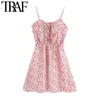Traf Women Chic Modna moda kwiatowa koronkowa mini sukienka vintage bez pleców elastyczna z podszewką sukienki żeńskie vestidos 210415