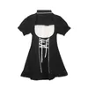 Japansk lolita mall goth klänning kvinnor snörning punk mörk akademi estetiska miniklänningar svarta kawaii gotiska kläder