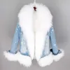 Wełna naturalna wyłożona luksusowym futrzanym kołnierzem Denim Płaszcz zimowy Casual Ciepła moda Krótka kurtka 211008
