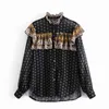 Vintage kvinnor Cascading Ruffles T Shirts Fashion Ladies Chiffon Print Tops Streetwear Kvinna Chic Stand Collar Loose Blouse 210427