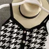 Moda Verão Casual Single-Breasted Houndstooth Knit Camisole Mulheres Outer Cami Top Sweater xadrez x Pechete Camis 210508