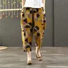 F&je Spring Summer Women Pants Plus Size Elastic Waist Geometric Cotton Linen Harem Vintage print Loose Wide Leg D44 211115