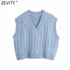 Kvinnor Fashion V Neck Solid Crochet Twist Knitting Sweater Kvinna Ärmlös Casual Slim Vest Chic Pullovers Tops S606 210420