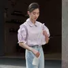 Summer Vintage Bolder Sleeve Women's Blouse Donne Boxing Lace Up Fashionable Turn-Down Collar Chic Shirts Top 210428