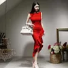 불규칙한 붉은 섹시한 드레스 한국 숙녀 여름 민소매 크루 목 Cabaret Maxi 파티 드레스 여성을위한 210602