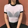 夏の女性TurtleNeckメッシュトップスセクシーな女性Tシャツを見る透明メッシュクロップトップロングスリーブシアースリムTシャツx0628