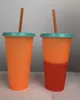 Tazas de 24 onzas Vasos de taza que cambian de color Vasos de plástico para beber con tapa y pajita ¡Taza de café mágica de colores de caramelo LIBRE DE BPA!