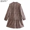 Zevity Women Vintage O Neck Koronki Koronki Leopard Drukuj Sukienka Kobieta Chic Długi Rękaw Ruffles Party Vestido DS5041 210603
