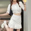 Корейский сладкий двух частей набор женский слойный рукав блузки рубашка + мини-юбки наборы дамы урожая вершина юбка 2 костюмы ансамбля Femme 210514