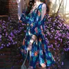Peut-être U Femmes Bleu Floral Dot Print V Cou Demi-manche Mini Robe Summer Beach Vocation D1058 210529