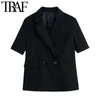 ONKOGENE Frauen Mode Zweireiher Blazer Mantel Vintage Kurzarm Taschen Weibliche Oberbekleidung Chic Tops 210415