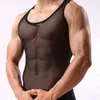 Sexy voir à travers maille débardeurs hommes sans manches ajusté blanc Muscle haut mâle Transparent Perspective résille sous-vêtement 210522