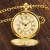 Antique Pocket Watch Engraved Shield Flower Cover Men Women Quartz Analog Watches Roman Number Display Pendant Chain