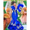 Luxury Royal Blue African Evening Dresses Mermaid Plus Storlek Långärmade Appliques Aso Ebi Prom Party Klänning Sparkly Sequins Appliques Special Occasion Grows 2021
