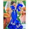 Luxury Royal blue African Evening Dresses Mermaid Plus Size Long Sleeves Appliques Aso Ebi Prom Party Dress Sparkly Sequins Appliques Special Occasion Gowns 2021