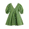 NBPM Kobiety Słodka Moda Z żółtą Green Plaid V-Neck Damska Dress Cool Girl Summer Summer Sundresses Party Chic 210529