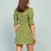 Vintage Boho Dress Button Retro Puff Sleeve Green Beach Holiday Sommar Kort V Neck Blommig A-Line Print 210427