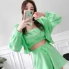 Women's 3 pieces Sets Fashion Summer Hooded Suits Green Crop Top + Hoody Coat Short Pants Casual Sports 210603