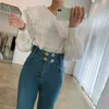 Ezgaga Peter Pan Collar Dames Shirts Chique Vintage Franse stijl Sweet Girl Long Puff Sleeve Lace Ruched Korean White Tops Fashion 210430